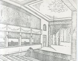 Interior sketch of the playhouse theatre, showing boxes, raked seating and astage
