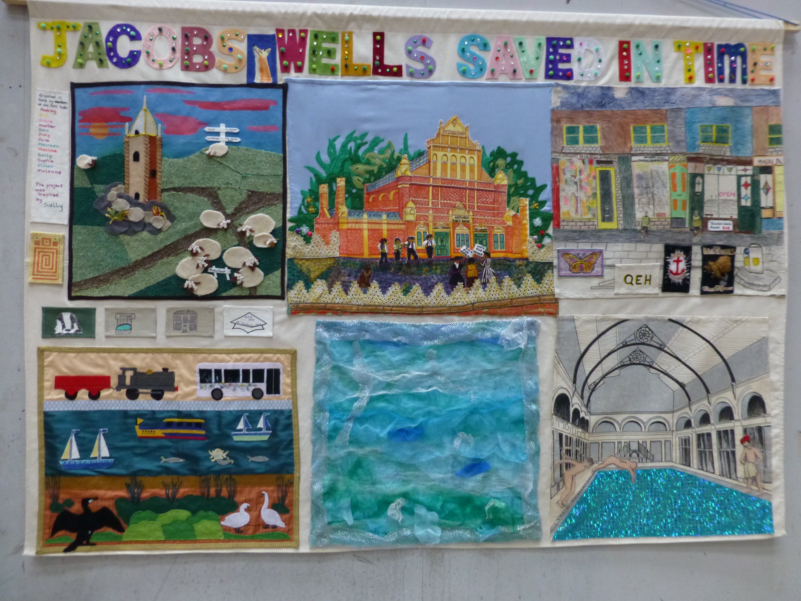 Banner with pictures of the baths made out of fabric, entitled “Jacobs Wellssaved in time”