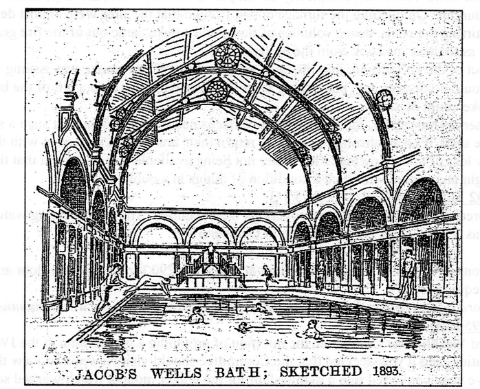 Hand sketch of bathers in the pool, with two naked bathers diving in. Thebuilding has grand arches on the three sides, over the cubicles, and a highpitched roof. Dated 1893